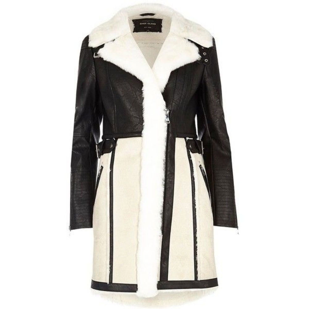 NWT. Black and cream leather coat.